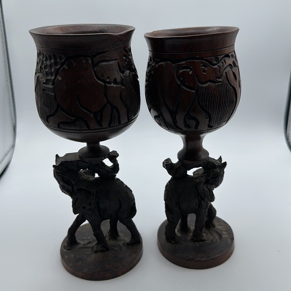 Vintage Hand Carved Ebony Wood Goblets Elephant Decoration Artisan African 2 Pcs - Picture 4 of 8